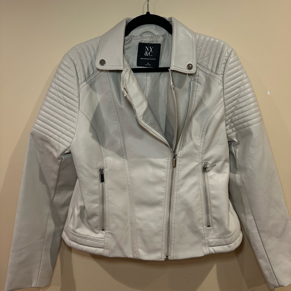 New York & Company Cream Leather Motorcycle Jacket